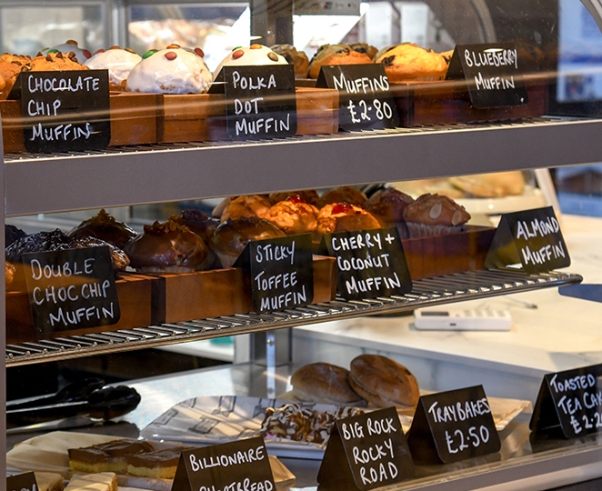  
You’ll find it hard to resist our mouth-watering sweet treats.
Freshly baked, our selection varies daily so there’ll always be something to take your fancy. We’re pleased to offer gluten free, dairy free and vegan options, too.